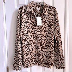 A New Day Long Sleeve Button Down Blouse Womens XS Animal Print Brown Black NWT
